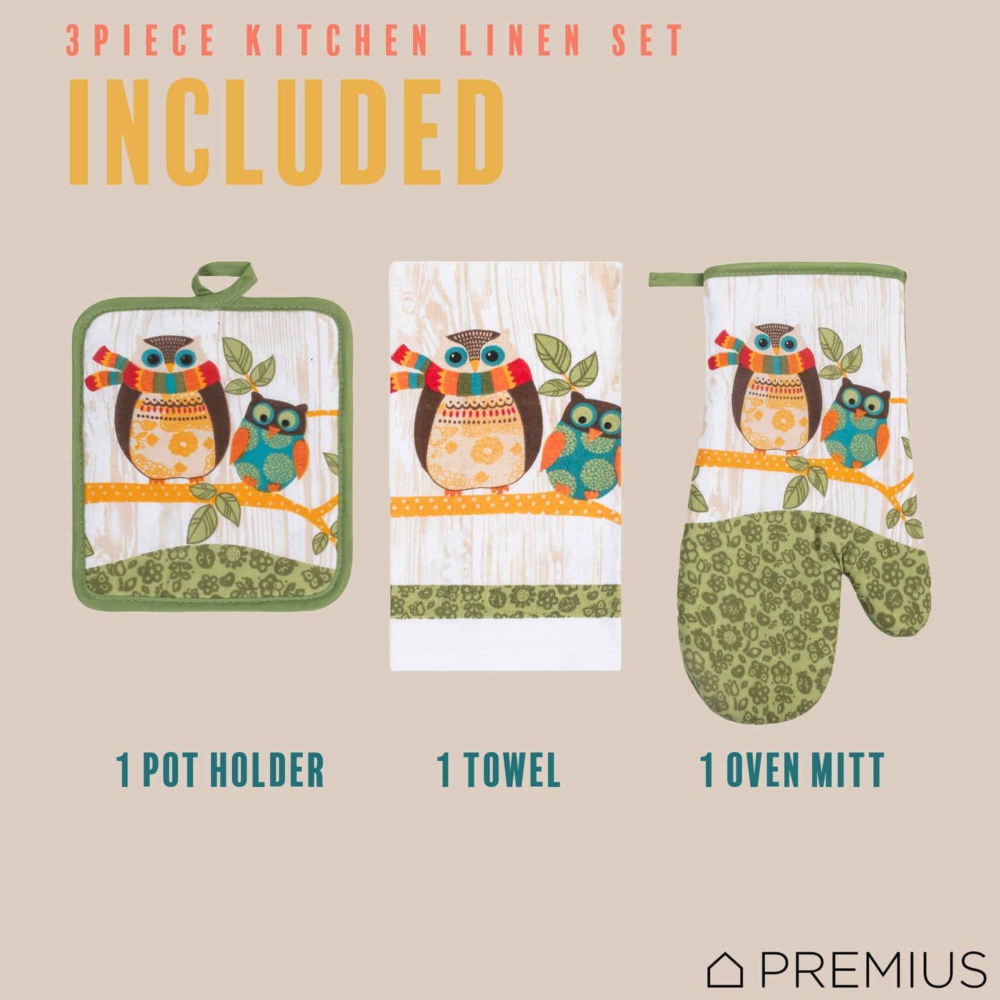 PREMIUS 3 Piece Printed Kitchen Linen Set, 1 Cotton Towel, 1 Pot Holder, 1 Oven Mitt