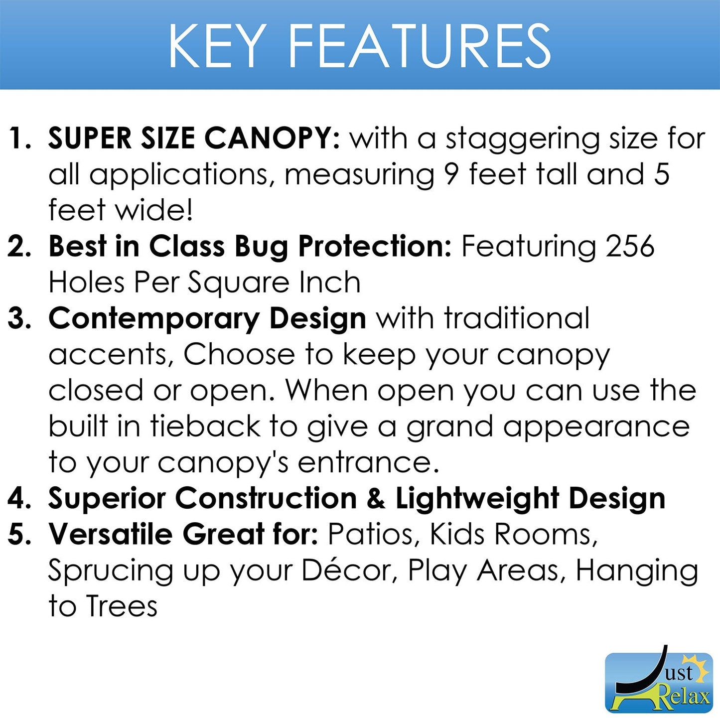 Just Relax Extra-Large Indoor-Outdoor Round Canopy Mosquito Net, White, 5x9 Feet