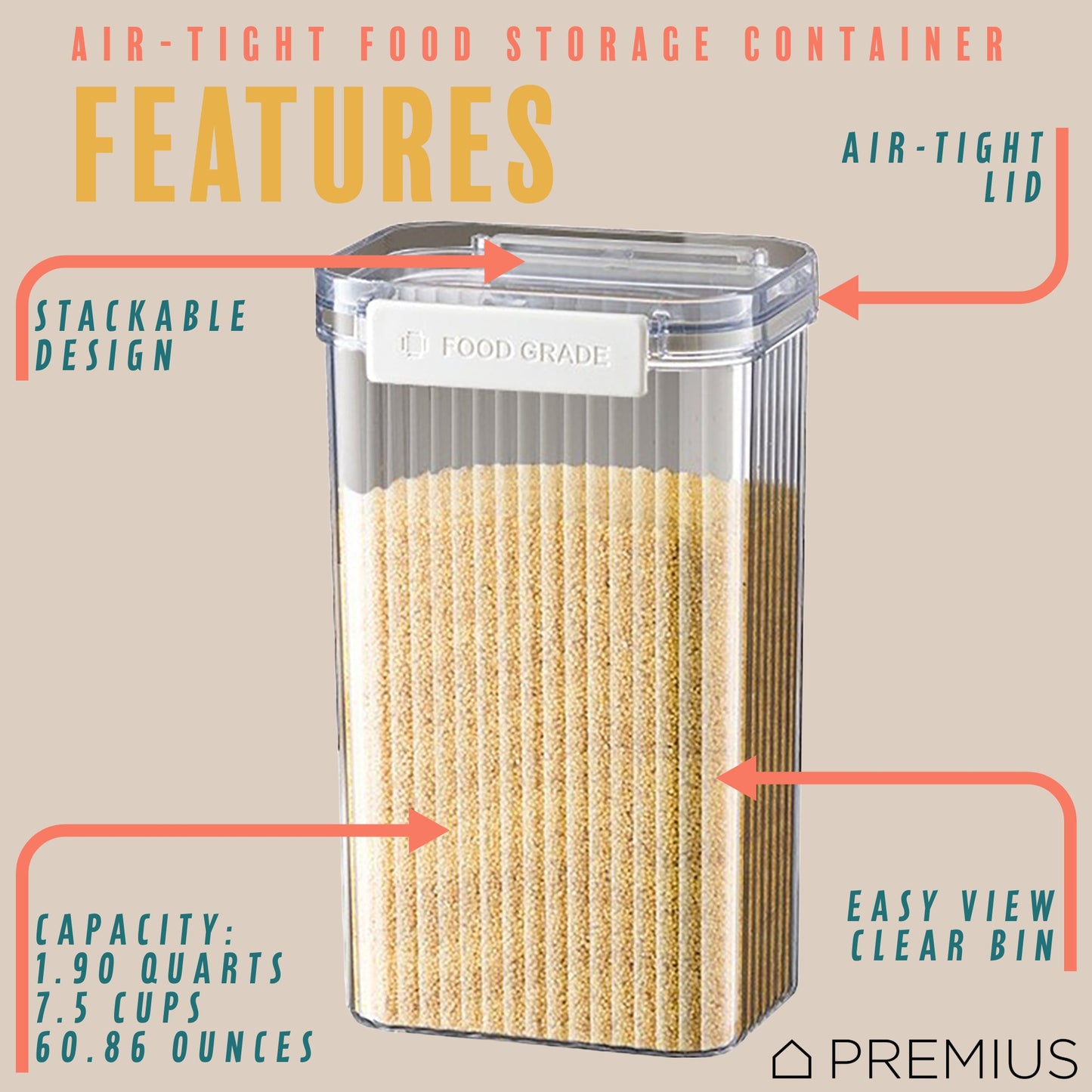 PREMIUS Plastic Food Storage Container, Rectangle, Clear-Natural