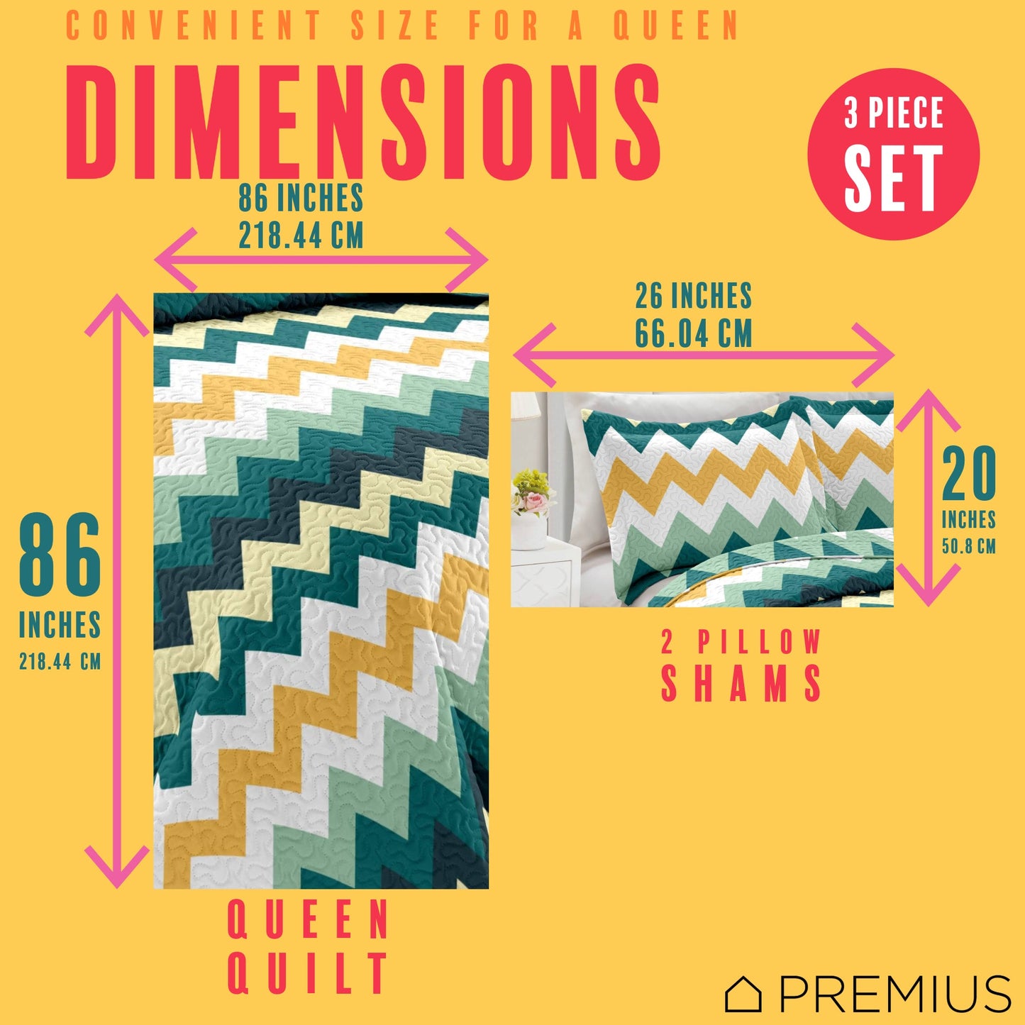 PREMIUS Montego 3 Piece Microfiber Wrinkle-Free Quilt Set, Green-Yellow