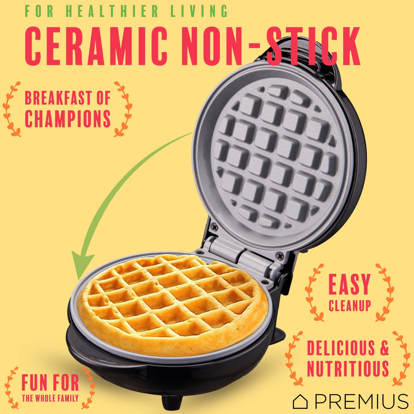 PREMIUS Ceramic Non-Stick Mini Snack Waffle Maker, 4 Inch Mold