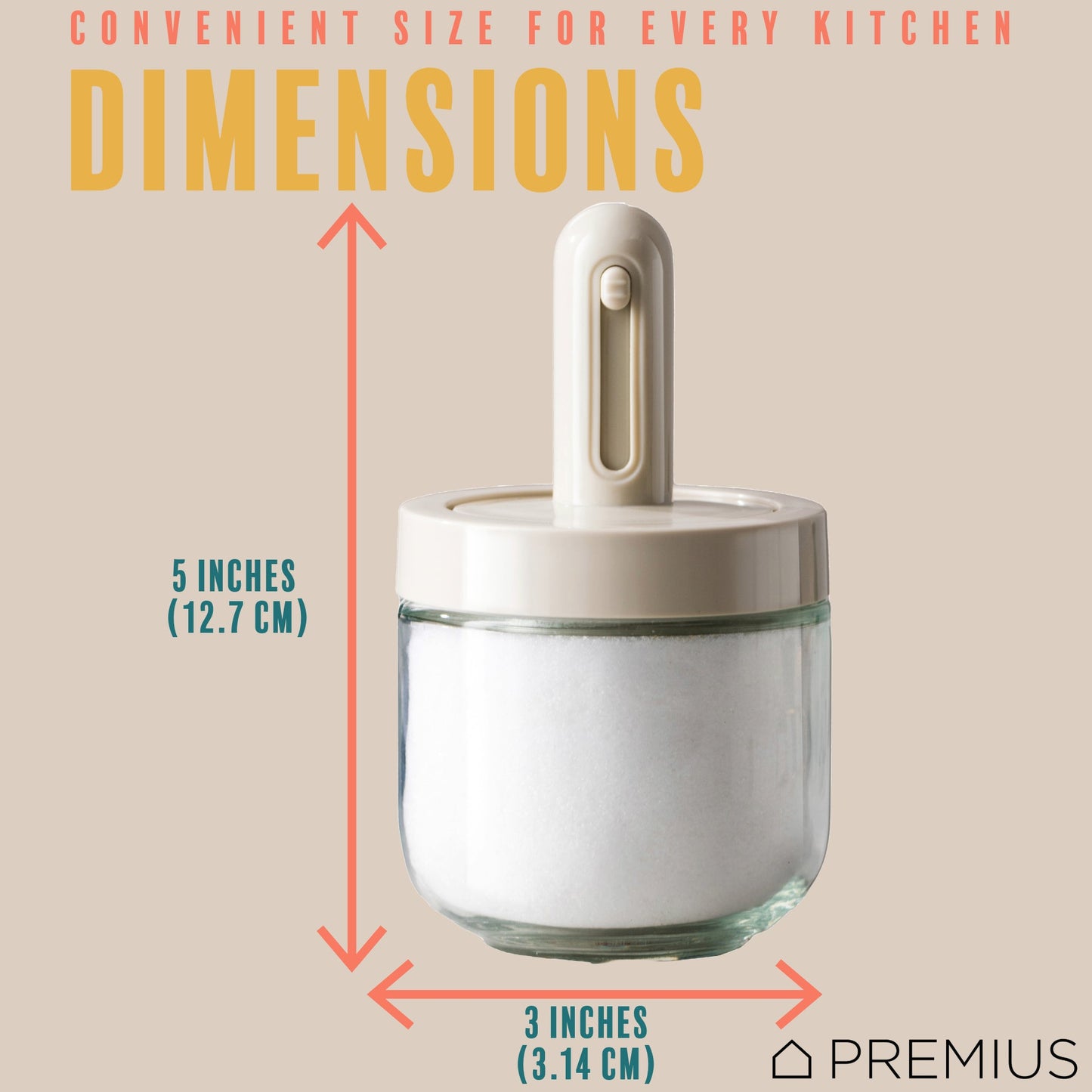 PREMIUS Telescopic Spoon Spice Seasoning Glass Container Jar, White, 10.15 Ounces, 3x3x5 Inches