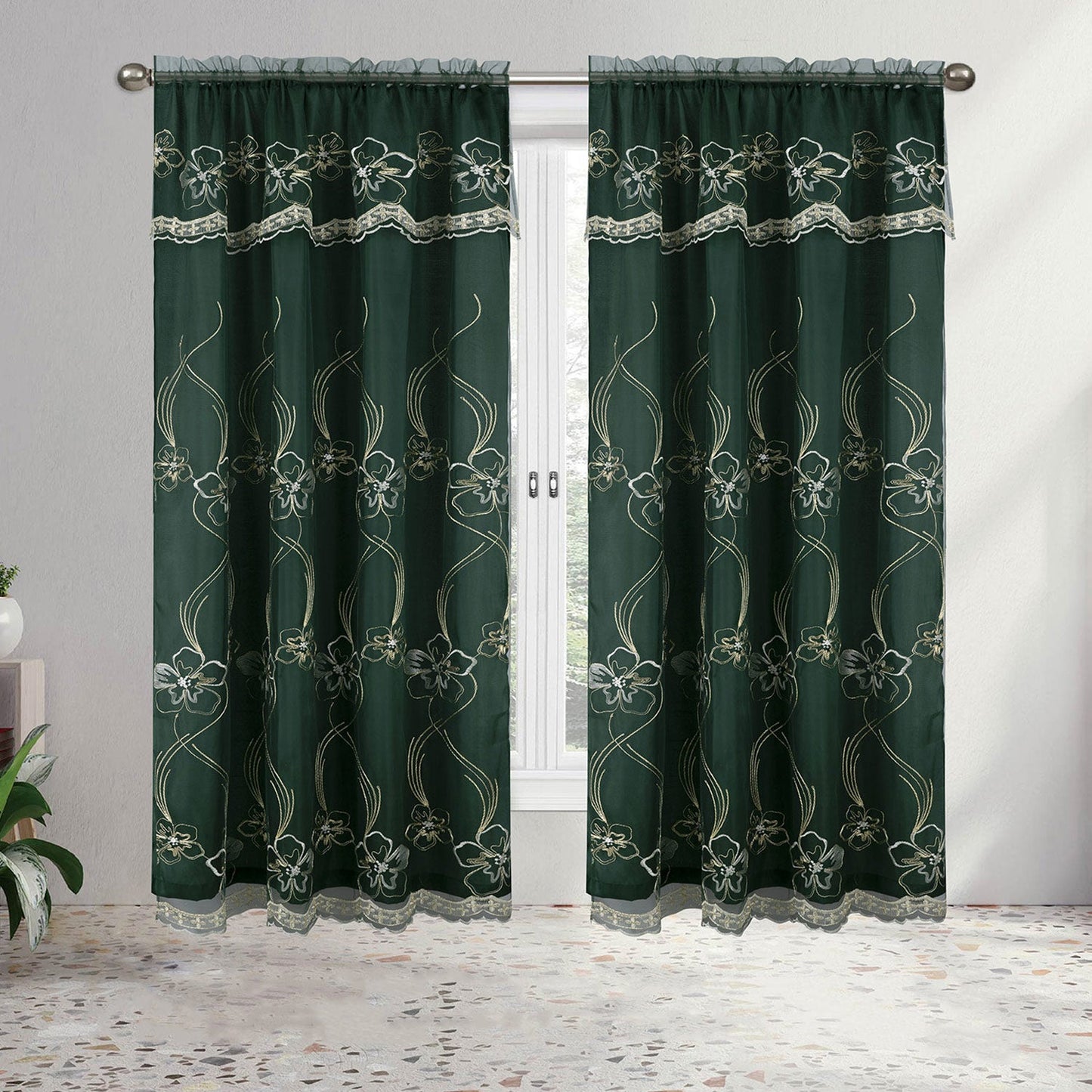 Amira Floral Embroidery Window Panel with Valance and Backing, 55x84 Inches