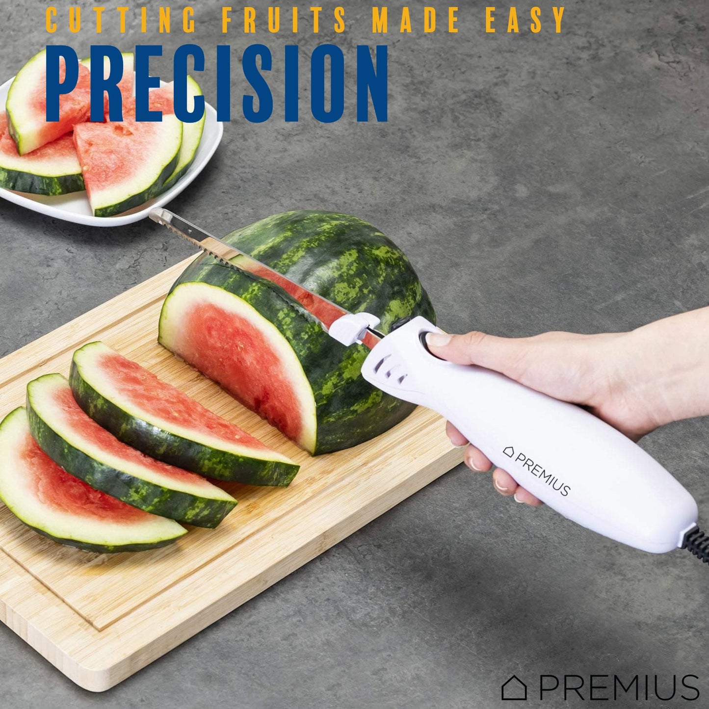 PREMIUS Serrated Carving Electric Knife Set With Wooden Storage Tray, with 2 Stainless Steel Blades