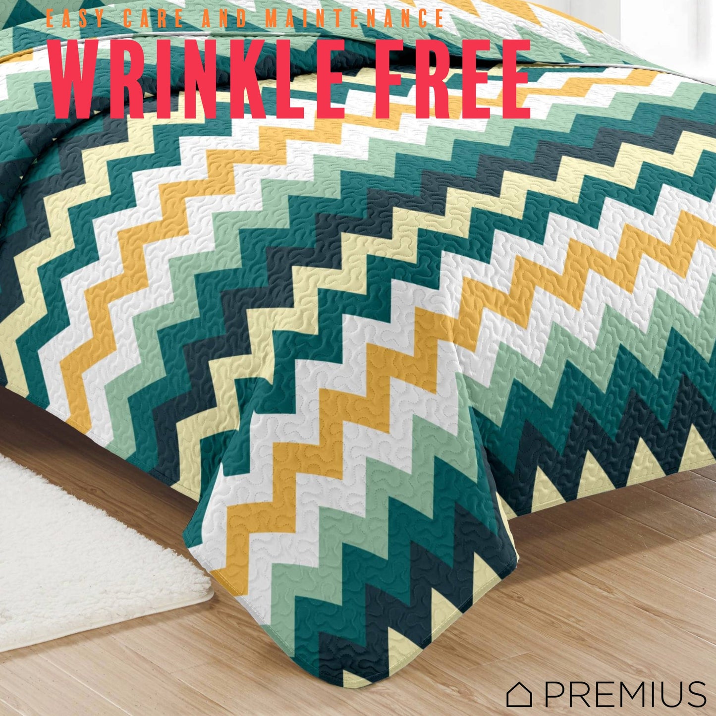 PREMIUS Montego 3 Piece Microfiber Wrinkle-Free Quilt Set, Green-Yellow