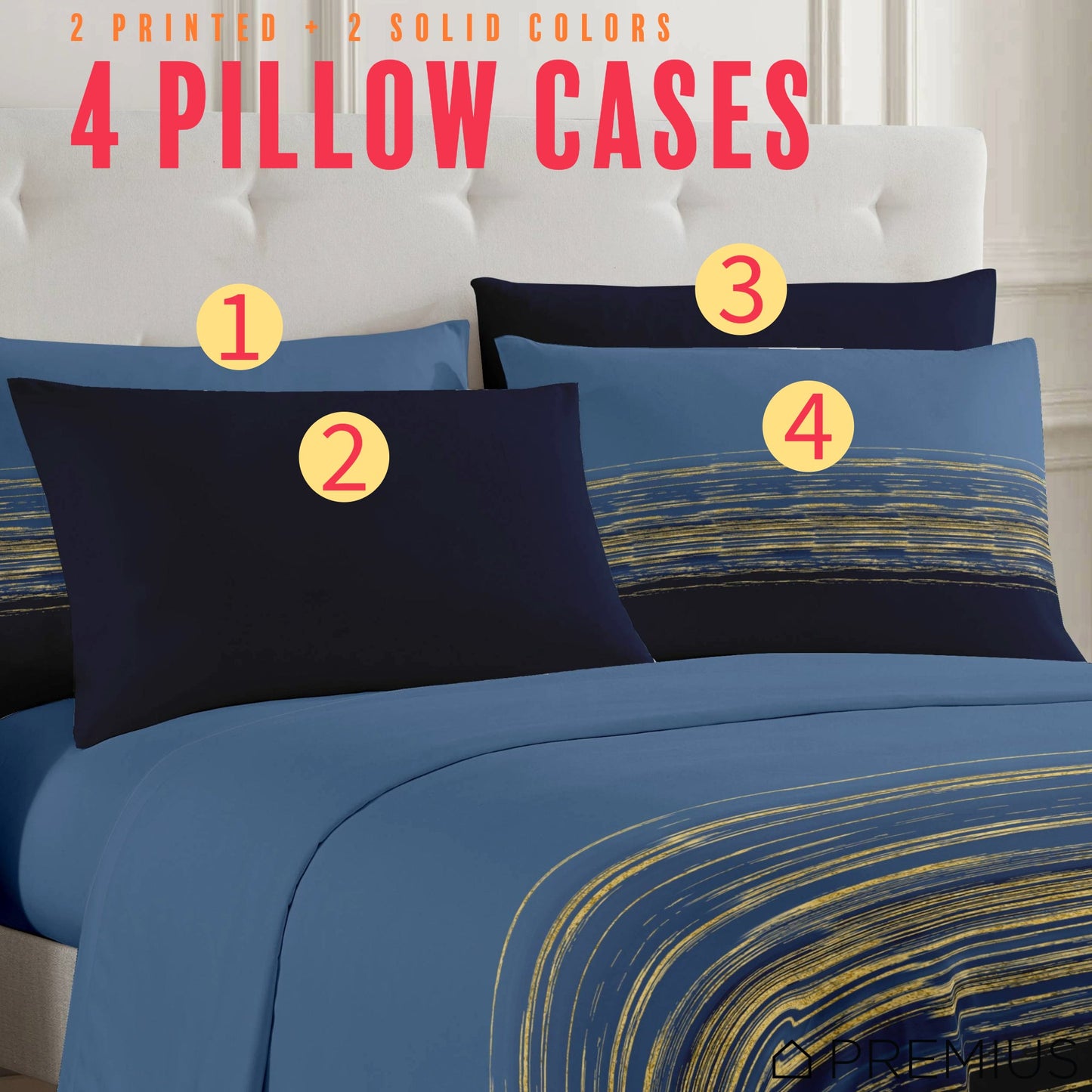 PREMIUS Leo Soft Wrinkle-Free Microfiber Sheet Set, Navy-Gold