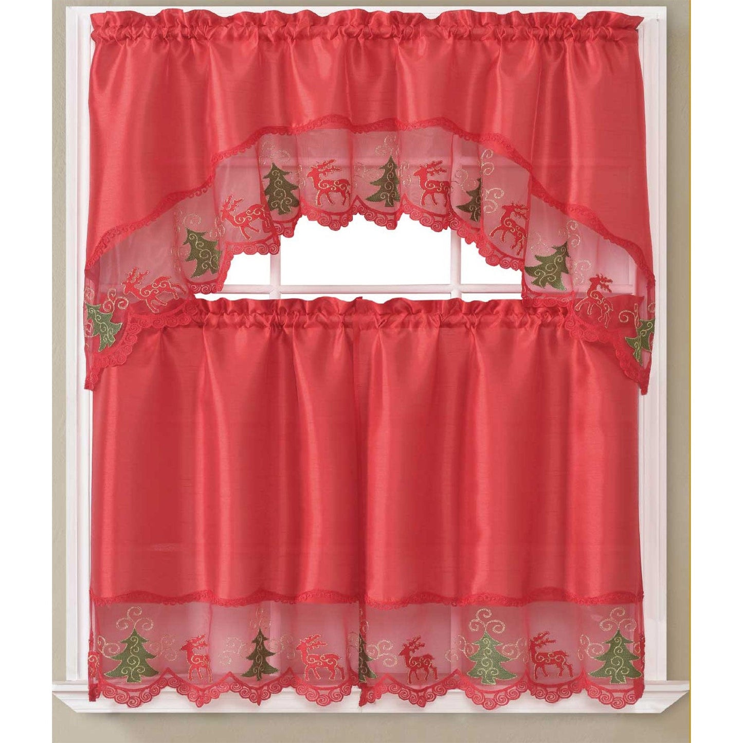 Jovie Christmas Tree Kitchen Curtain Set with Fringes, Red, Swag Valance 60x36, Tiers 30x36 Inches
