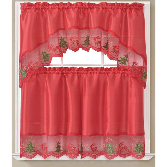 Jovie Christmas Tree Kitchen Curtain Set with Fringes, Red, Swag Valance 60x36, Tiers 30x36 Inches