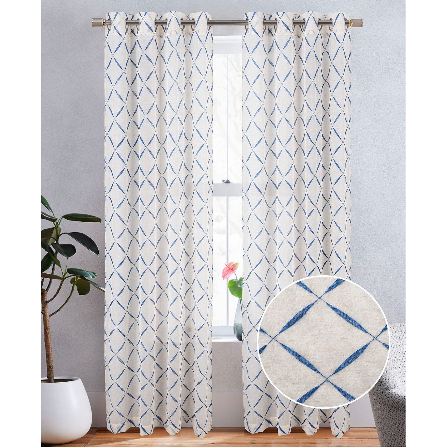 Boca Metallic Embroidered Linen Look Grommet Window Curtain Panel, 54x84 Inches