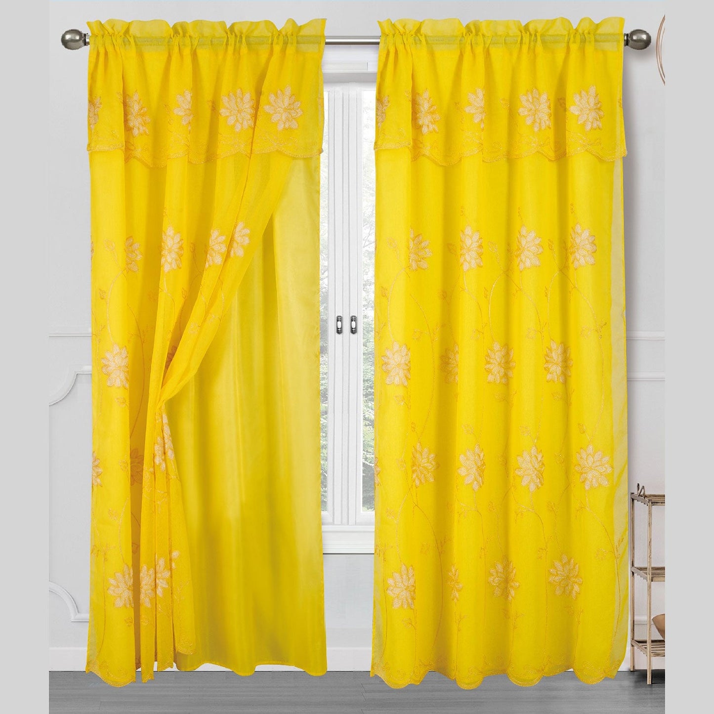 Alice Floral Embroidered Panel With Valance and Backing, 55x84 Inches