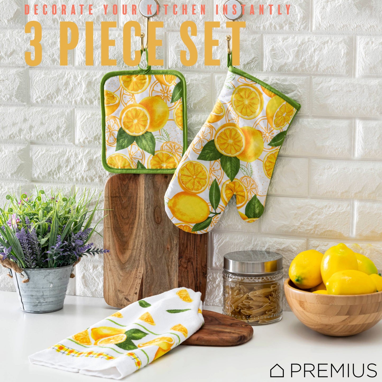 PREMIUS 3 Piece Printed Kitchen Linen Set, 1 Cotton Towel, 1 Pot Holder, 1 Oven Mitt