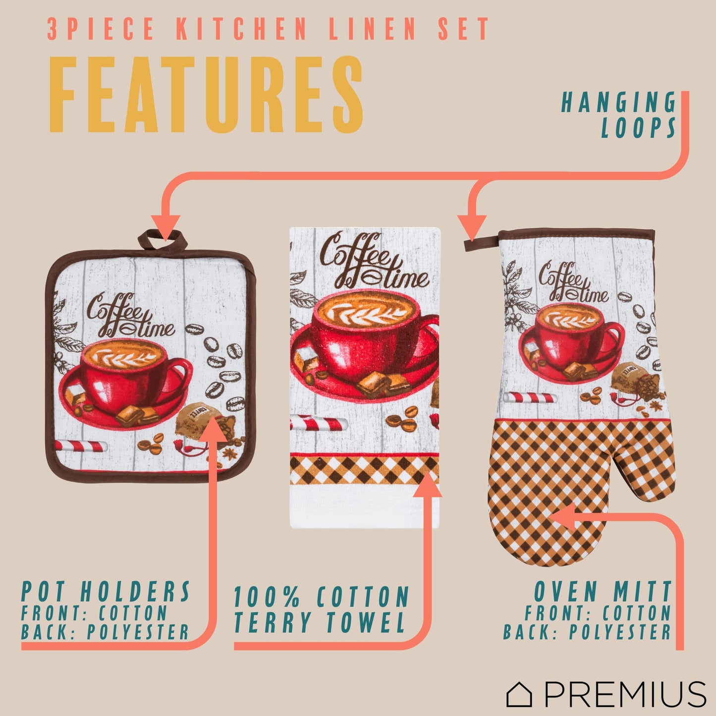 PREMIUS 3 Piece Printed Kitchen Linen Set, 1 Cotton Towel, 1 Pot Holder, 1 Oven Mitt