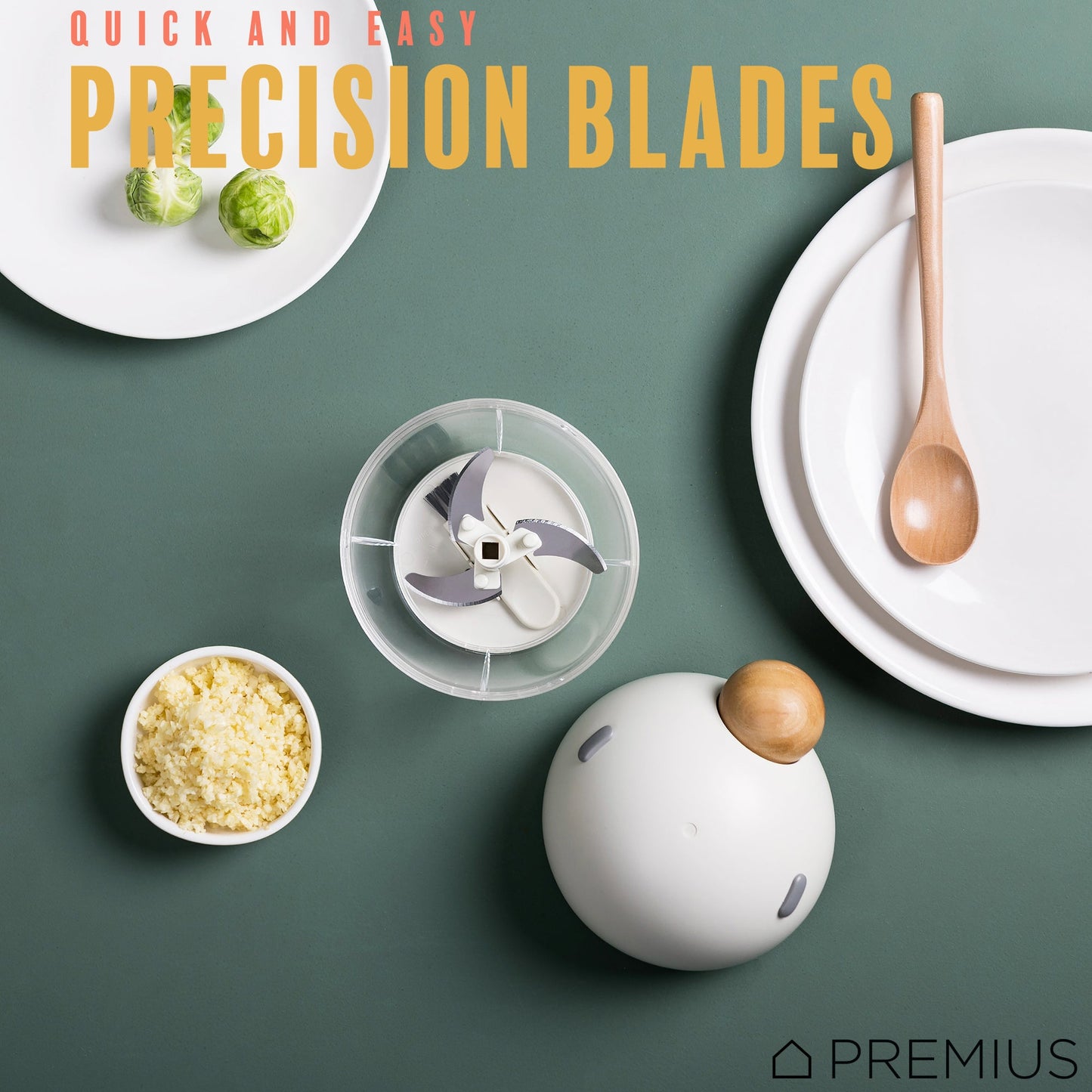 PREMIUS Manual Pull Hand Food Chopper, With Wood Ball, White-Natural, 1.5 Cups