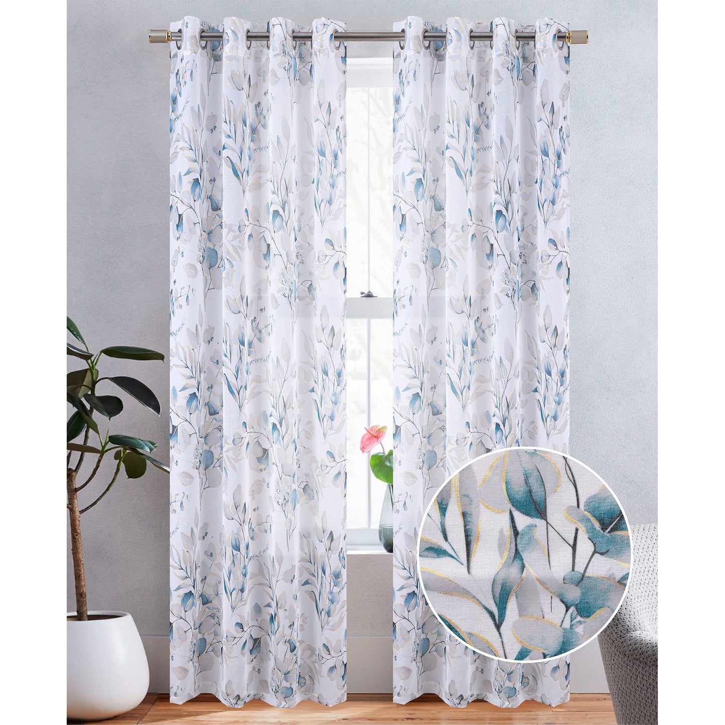 Alisa Sheer Metallic Floral Printed Grommet Window Curtain Panel, 54x84 Inches