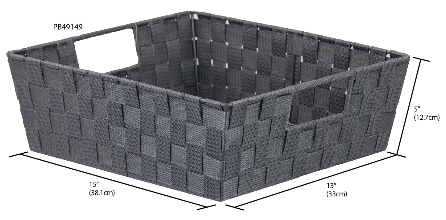 Home Basics Polyester Woven Strap Storage Basket Tray, Gray, Large, 15x13x5 Inches