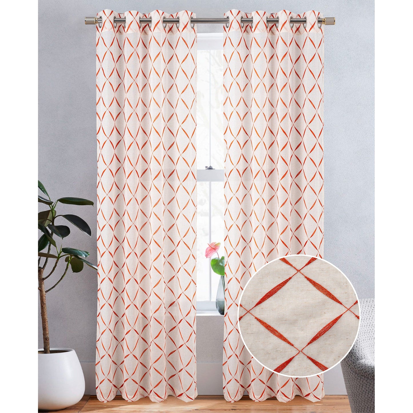Boca Metallic Embroidered Linen Look Grommet Window Curtain Panel, 54x84 Inches