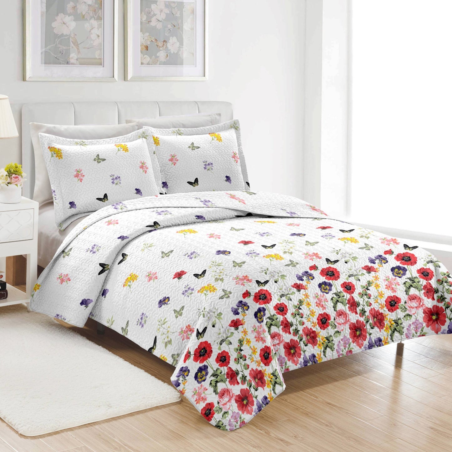PREMIUS Butterfly 3 Piece Microfiber Wrinkle-Free Quilt Set, White-Multi