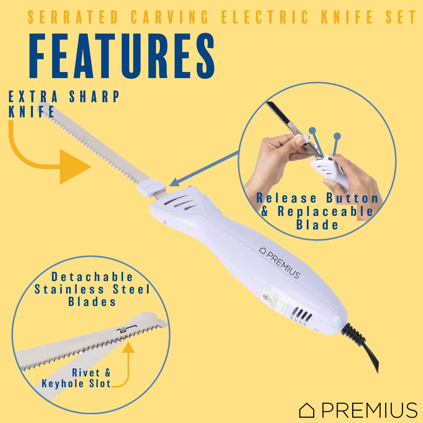 PREMIUS Serrated Carving Electric Knife Set With Wooden Storage Tray, with 2 Stainless Steel Blades