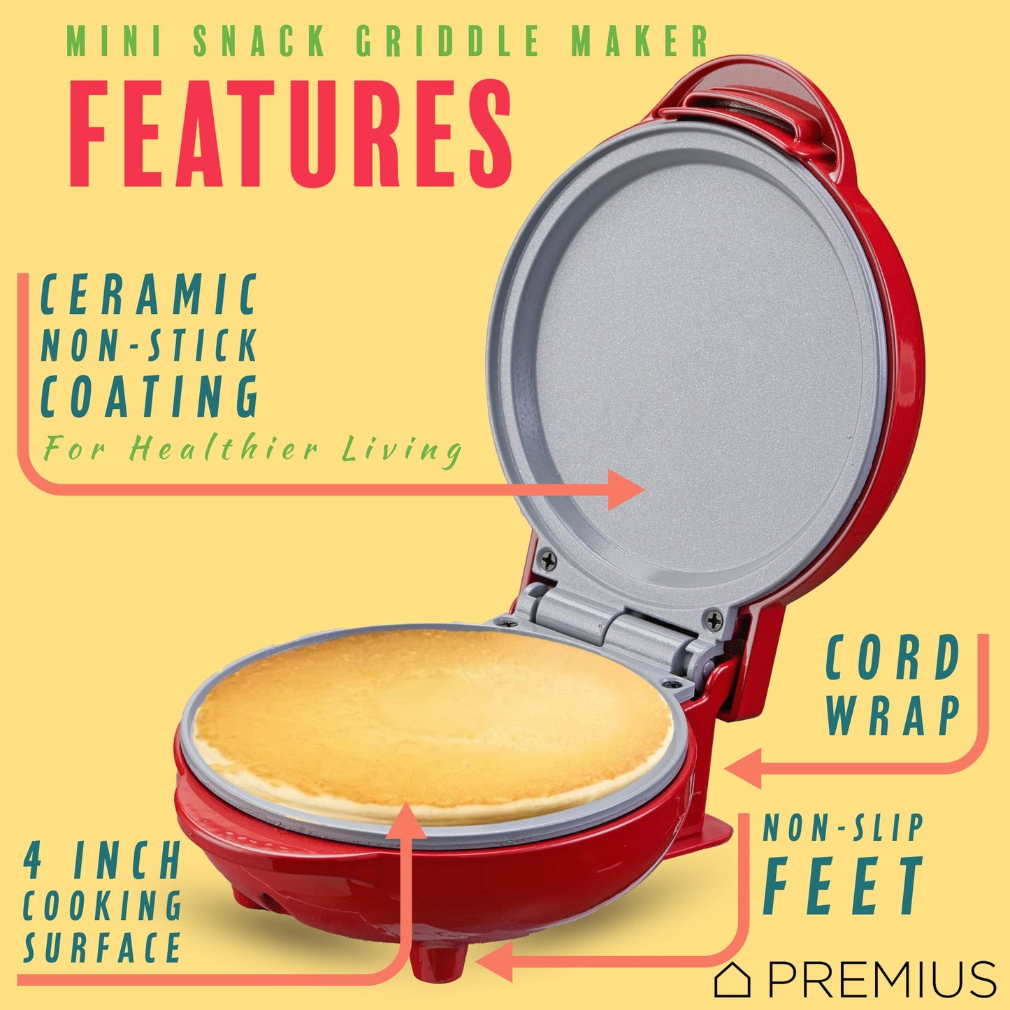 PREMIUS Ceramic Non-Stick Mini Snack Flat Griddle Maker, 4 Inch Mold