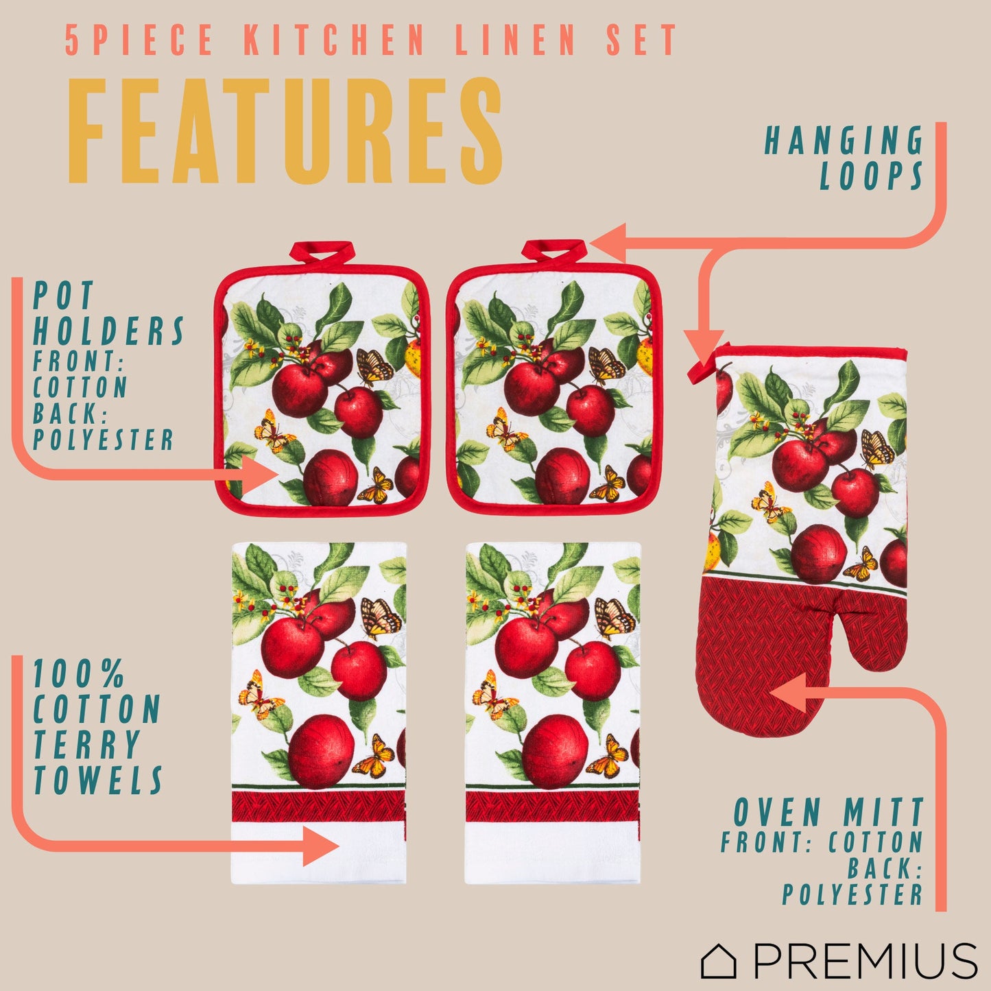 PREMIUS 5 Piece Printed Kitchen Linen Set, 2 Cotton Towels, 2 Pot Holders, 1 Oven Mitt