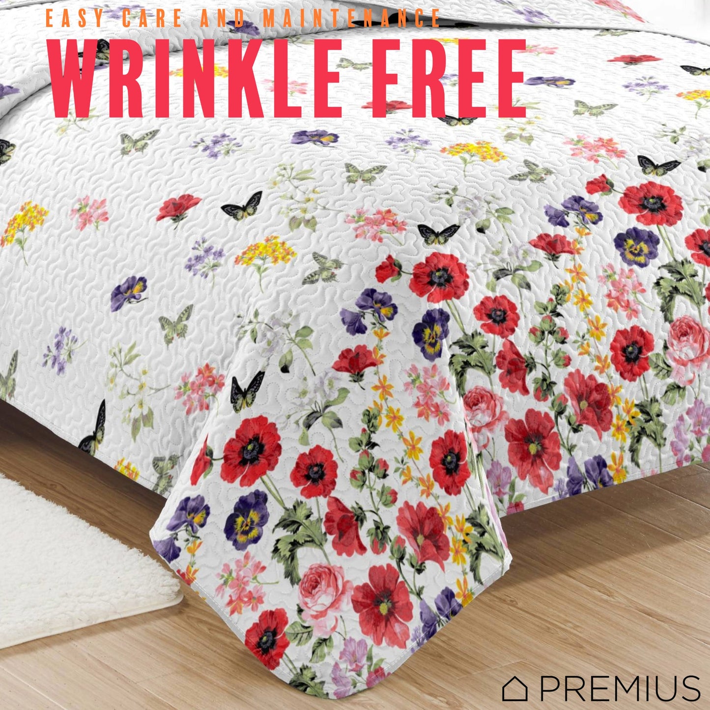 PREMIUS Butterfly 3 Piece Microfiber Wrinkle-Free Quilt Set, White-Multi