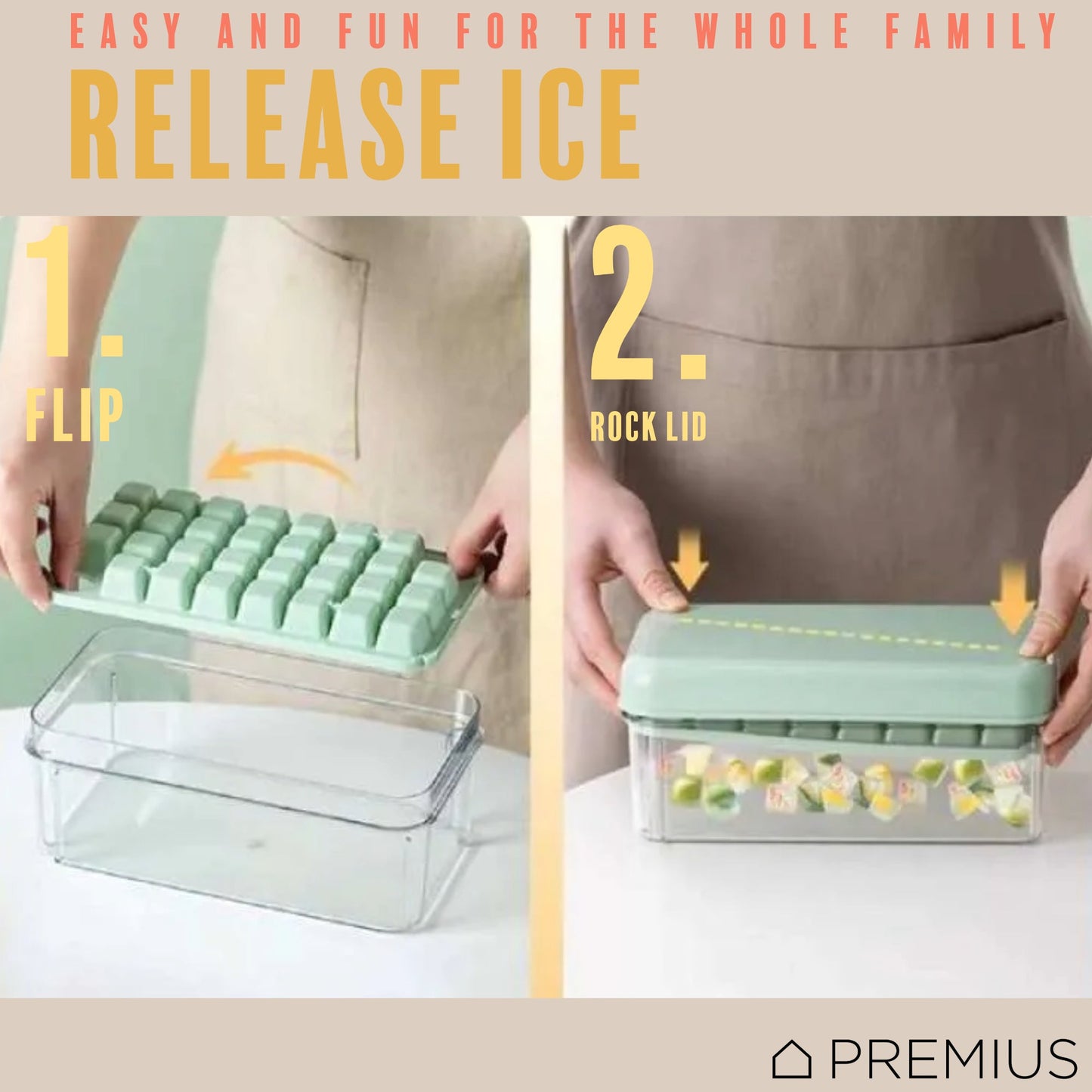 PREMIUS 2 Tray Ice Cube Tray with Container and Scoop, Green-Clear