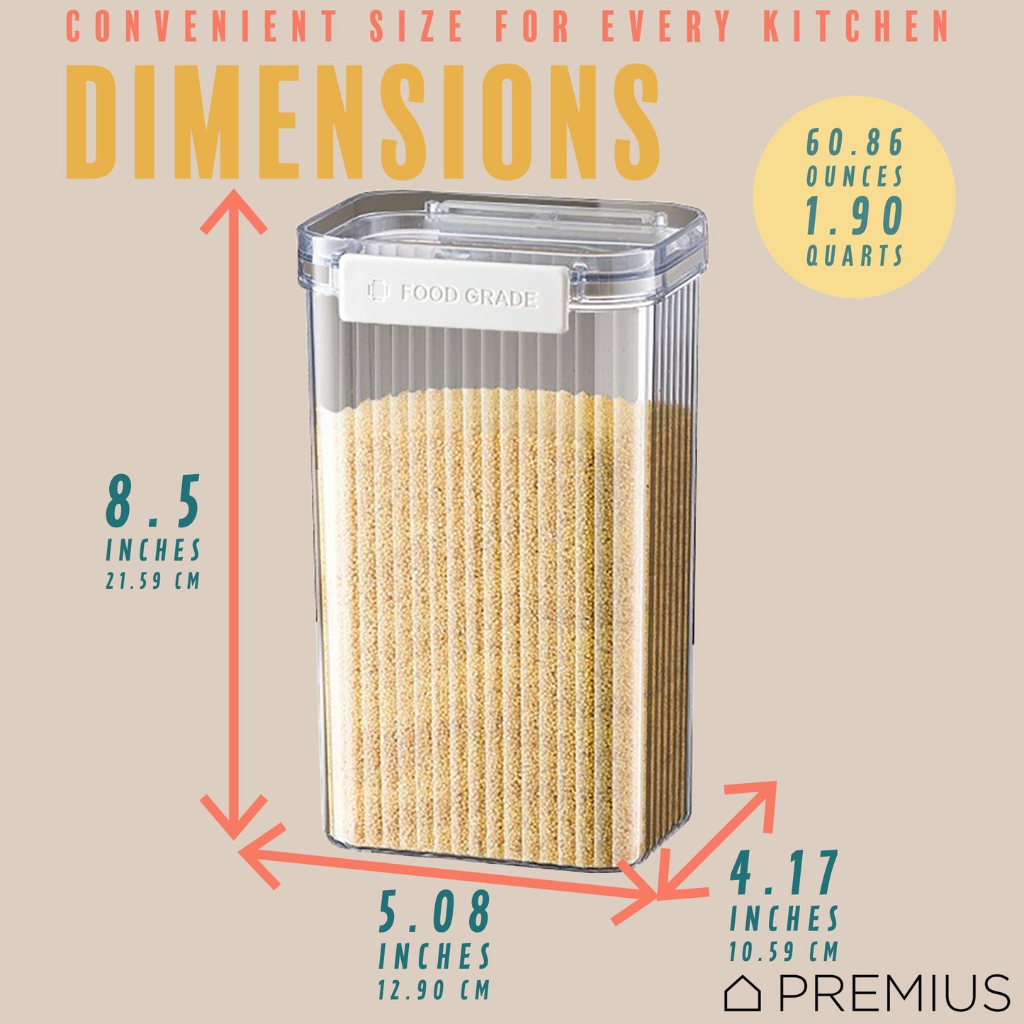 PREMIUS Plastic Food Storage Container, Rectangle, Clear-Natural