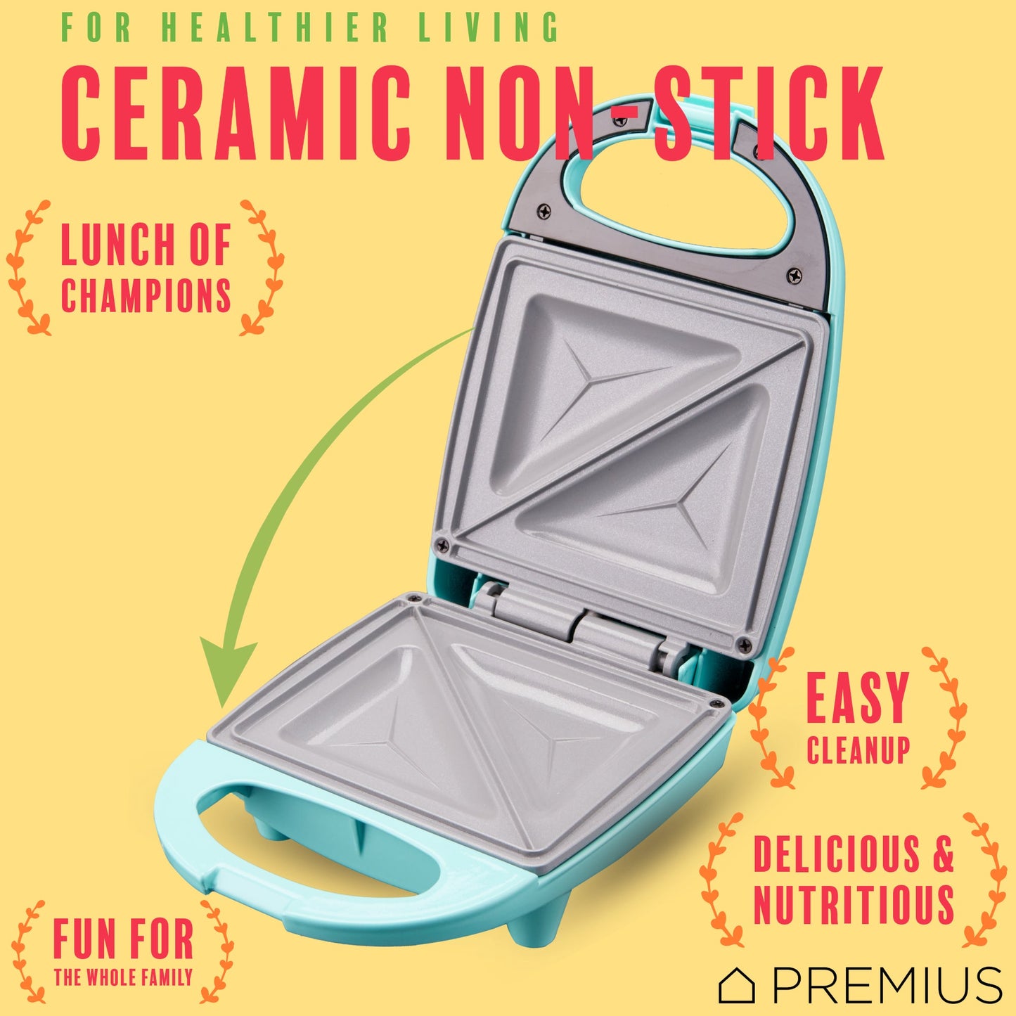 PREMIUS Ceramic Non-Stick Mini Snack Sandwich Maker, 5x4.4 Inch Mold