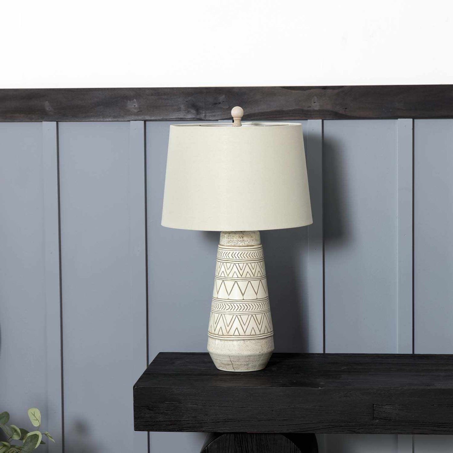Tan and Cream Resin Lamp with White Linen Table Lamp
