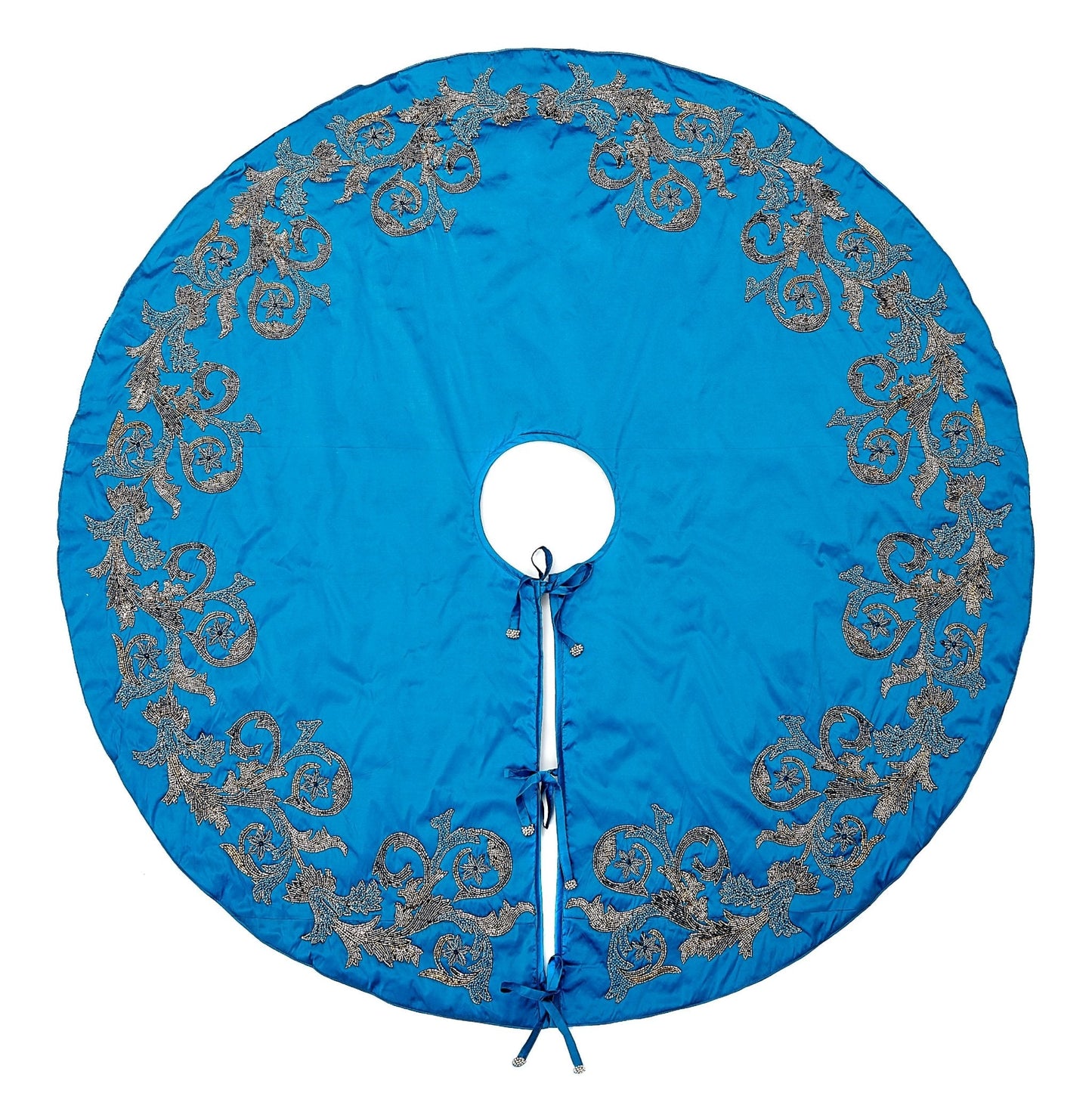 Hand Beaded Imperial Blue Silk Christmas Tree Skirt Blue 60" / 72" Arcadia Home