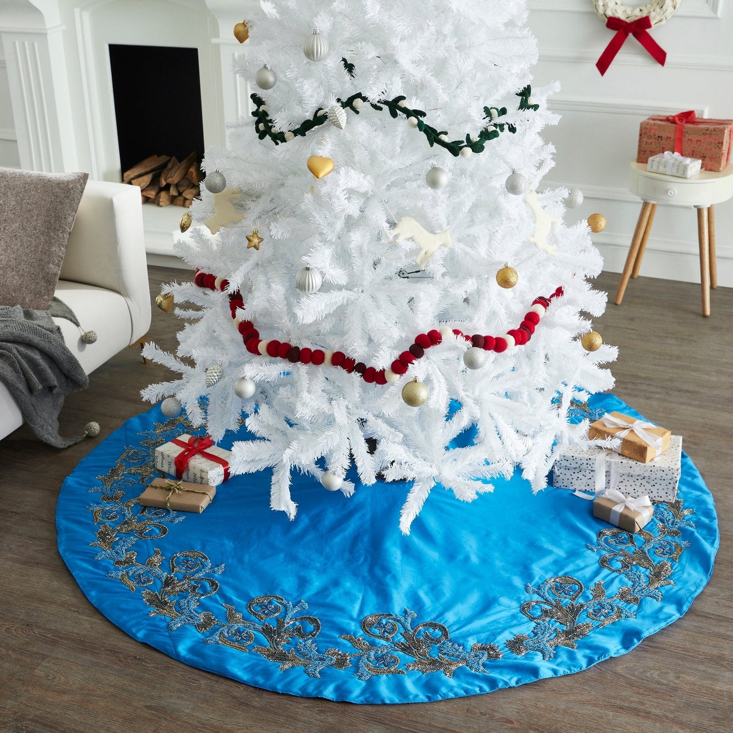 Hand Beaded Imperial Blue Silk Christmas Tree Skirt Blue 60" / 72" Arcadia Home