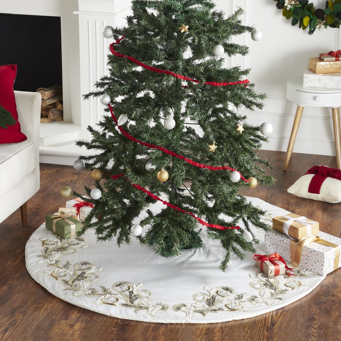 Hand Beaded Imperial Design Large Silk Cream Christmas Tree Skirt 60" Arcadia Home