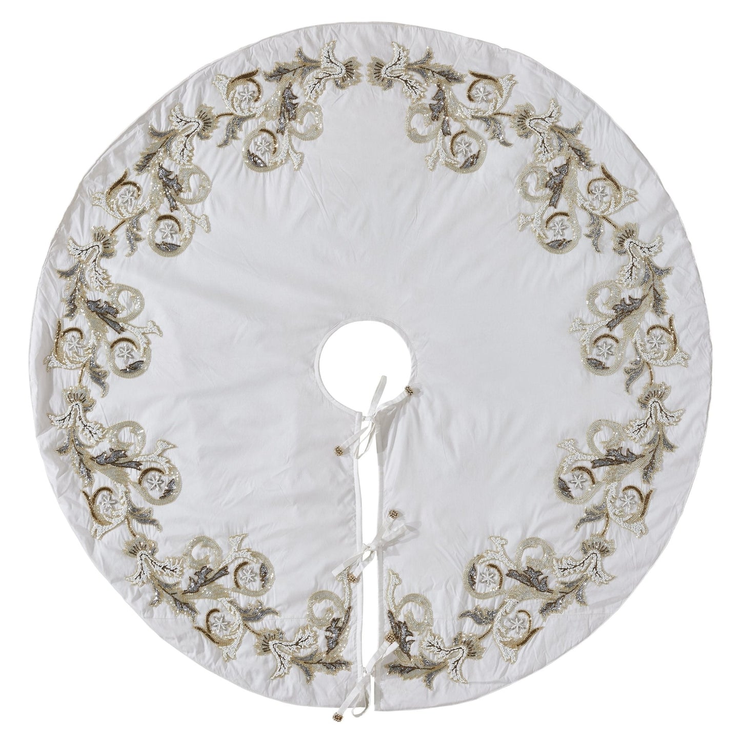 Hand Beaded Imperial Design Large Silk Cream Christmas Tree Skirt 60" Arcadia Home