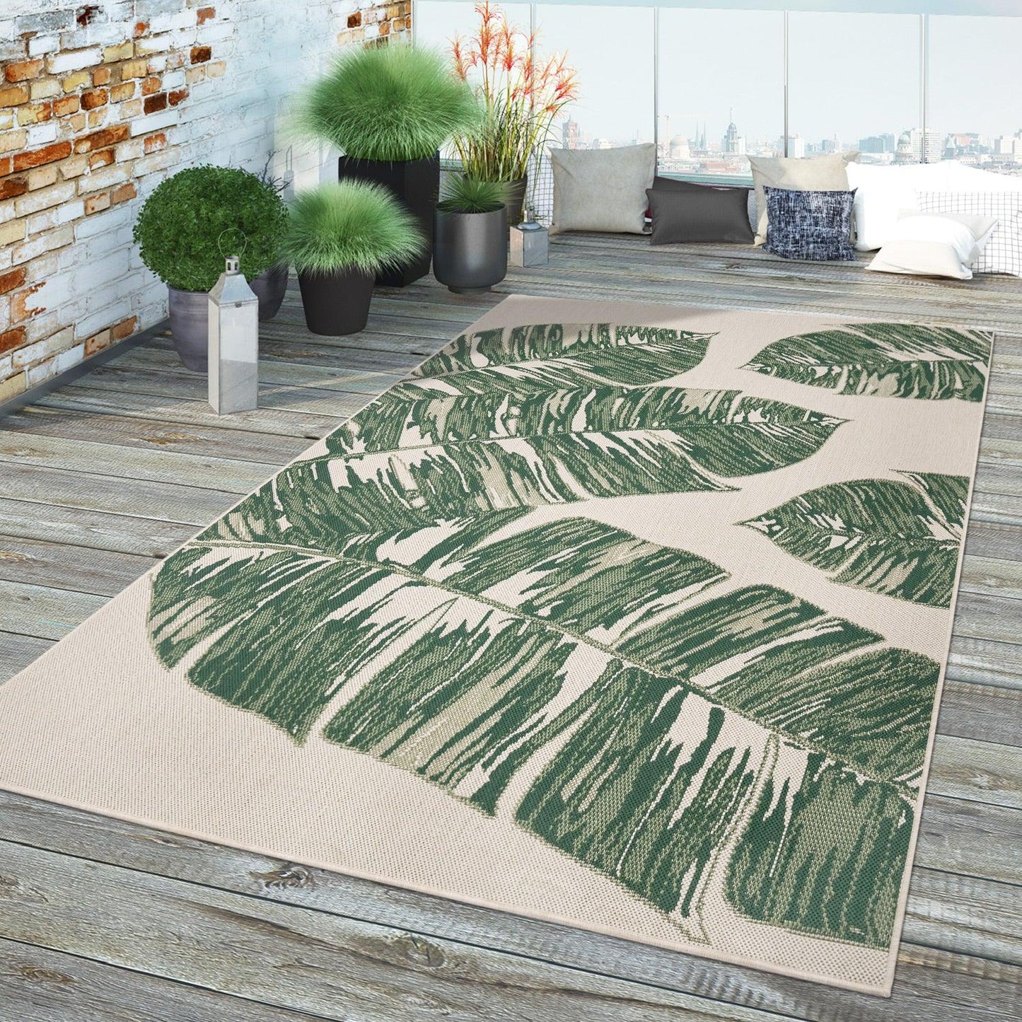 In- & Outdoor Rug Ostende Jungle Leaves - Cream Green