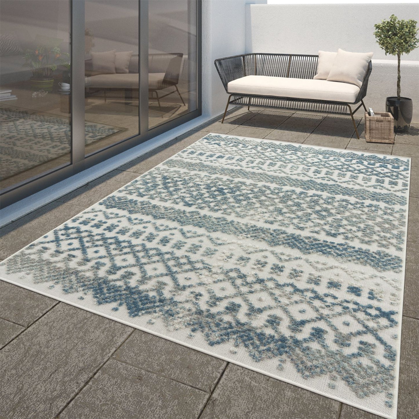 In- & Outdoor Rug Marrakesh High/Low Effect Trellis in Turquoise Cream