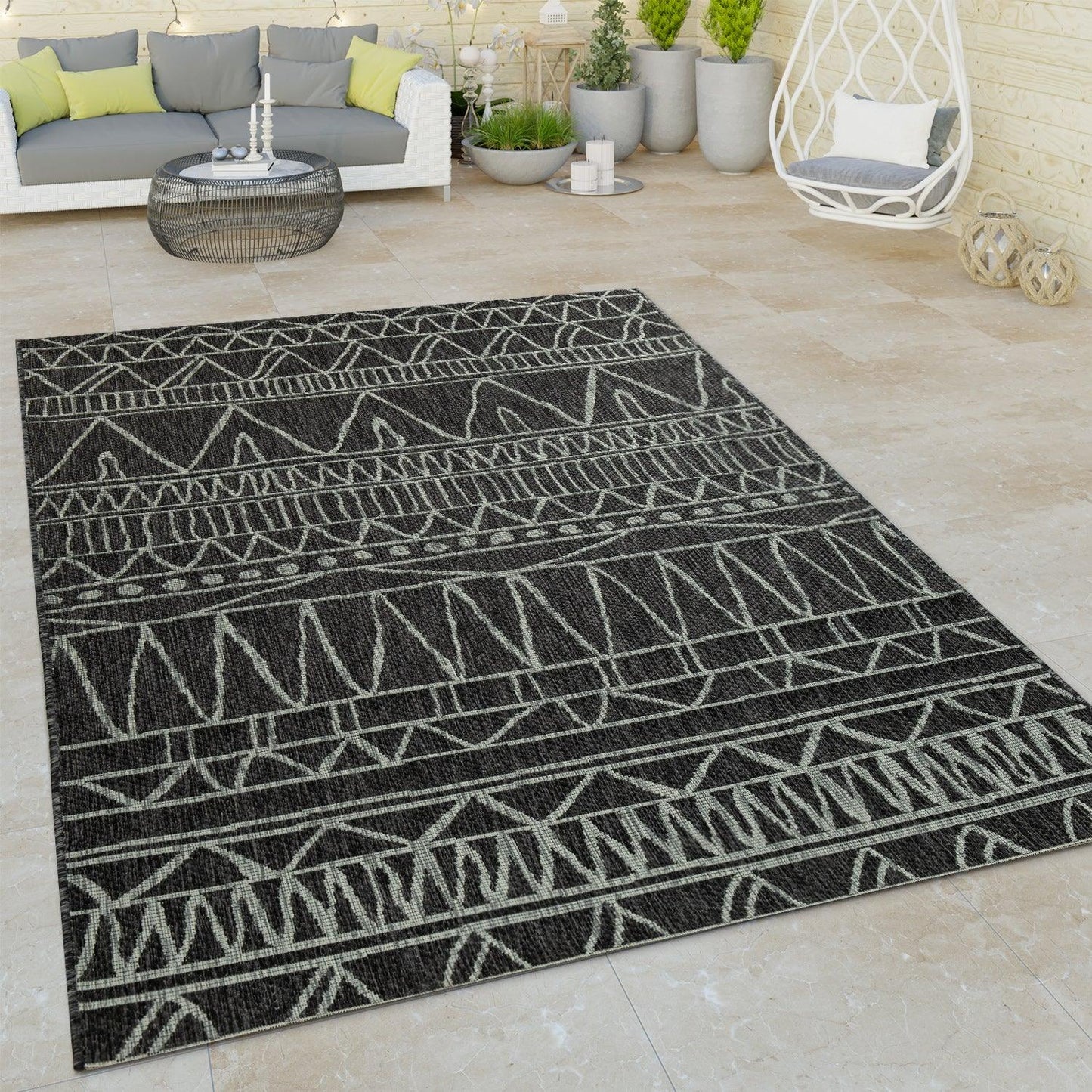 Outdoor Rug Illusion Modern Ethnic Pattern - Black Grey