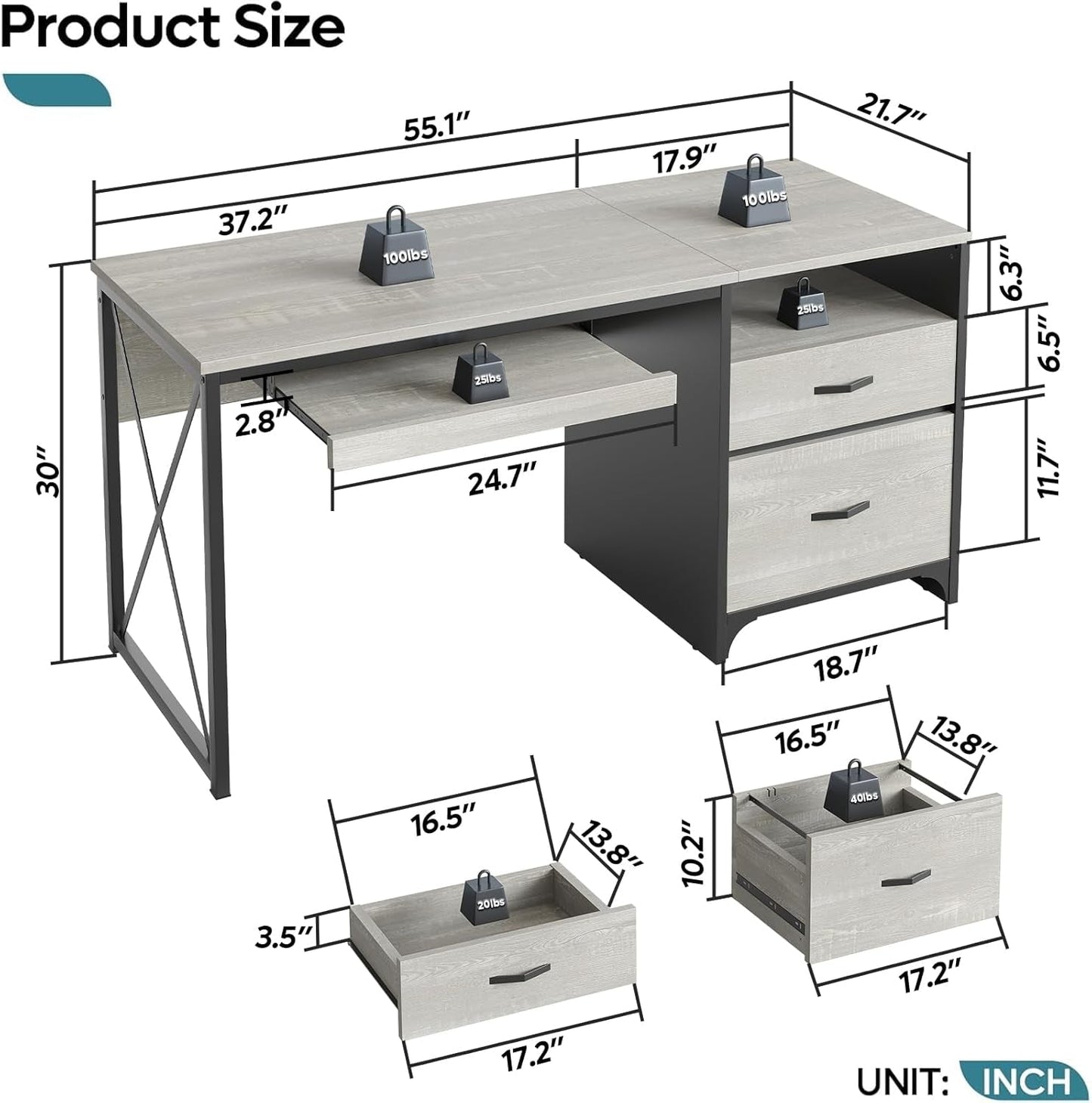Industrial Office Desk with Storage Drawers and Keyboard Tray