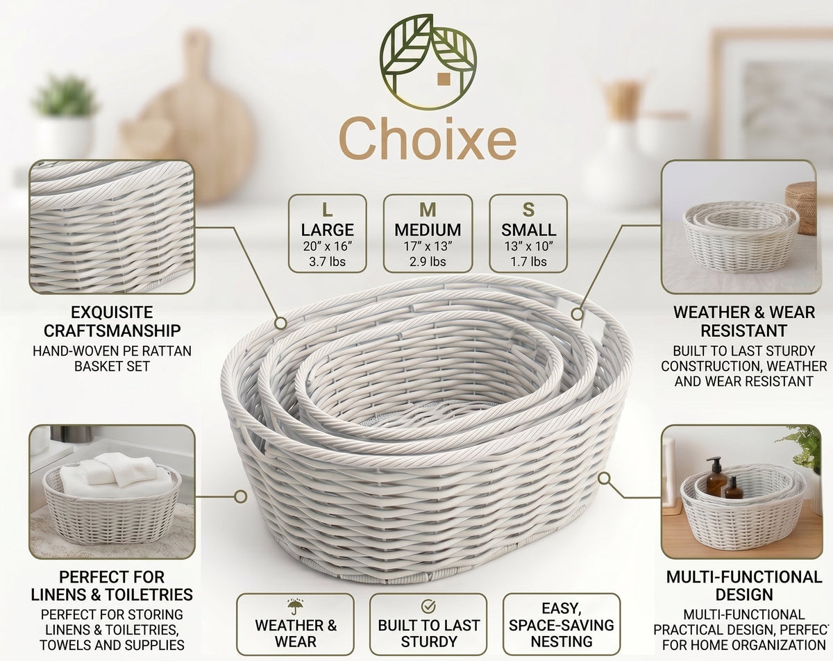 Multi-Purpose Nesting Rattan Basket 3-Piece Set
