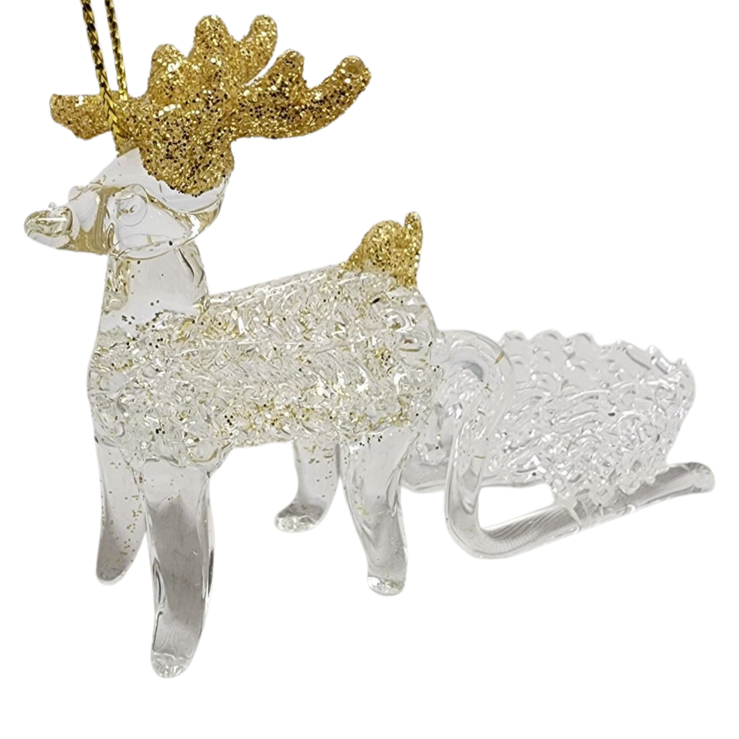 Spunglass Ornament - Gold Reindeer With Sleigh