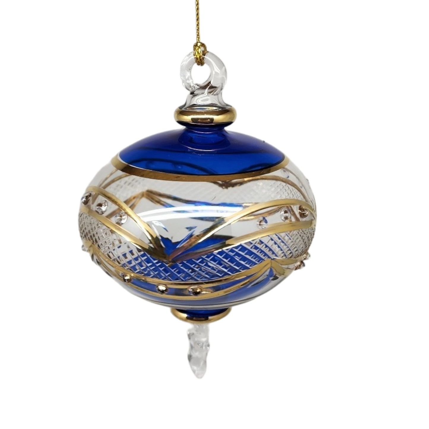 Gold Etched Blown Glass Sphere - Blue