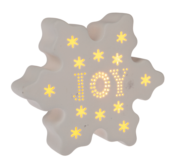LED Light Up Snowflake Figurine Joy illuminated with warm yellow lights and decorated with stars.