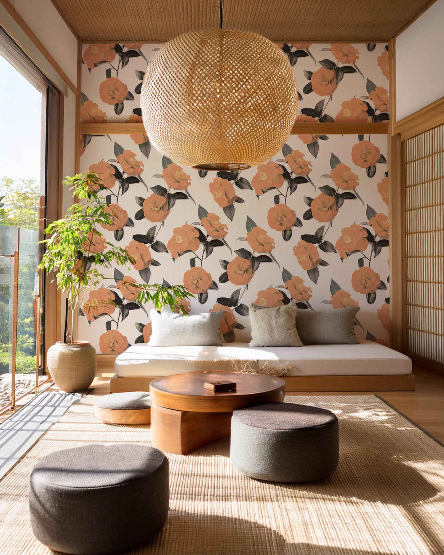 Camellia Wallpaper, white and orange