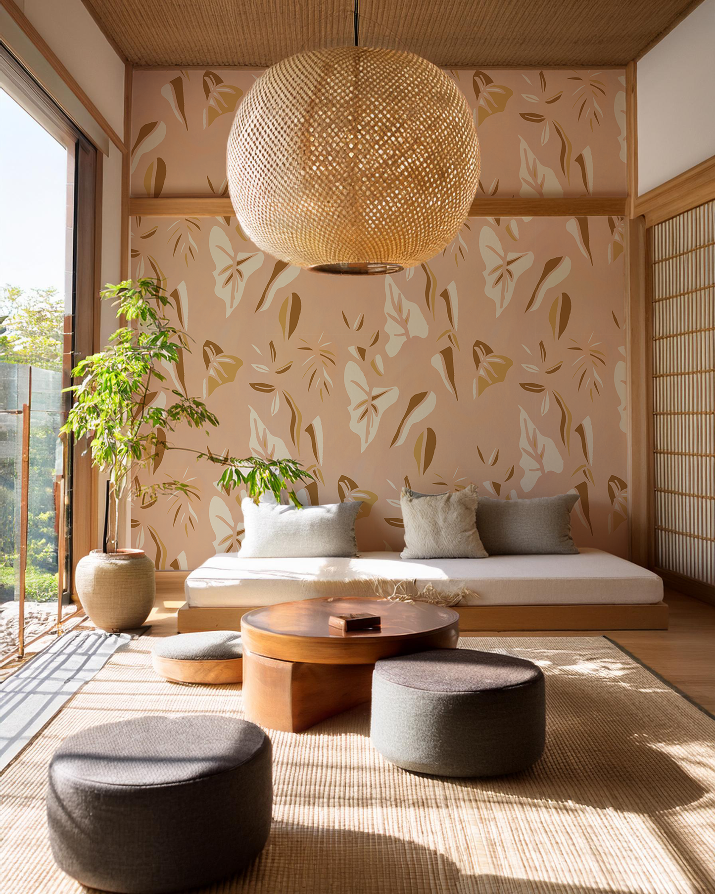 Block Print Foliage Wallpaper, peach and mustard