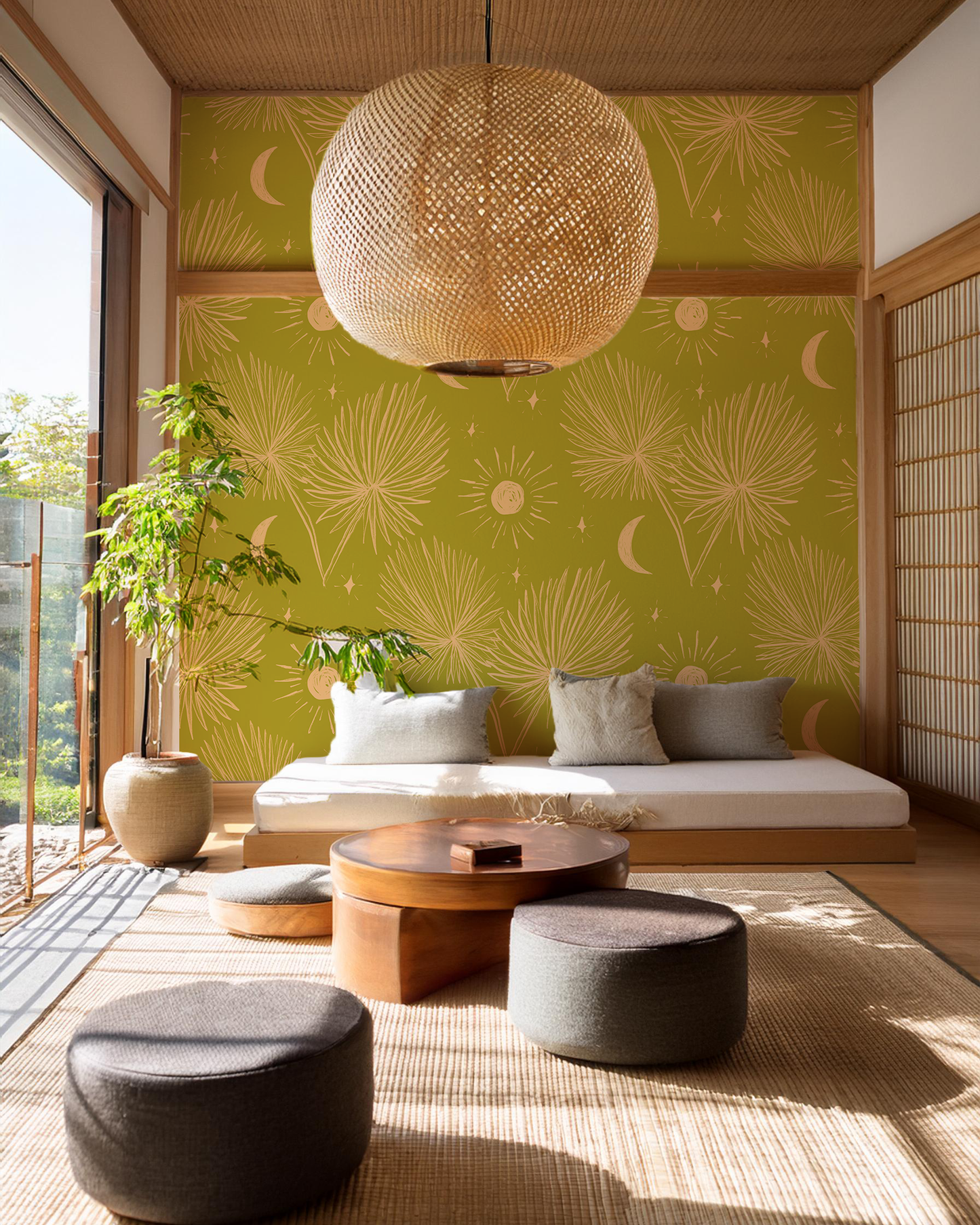 Night Palm Wallpaper, chartreuse & peach