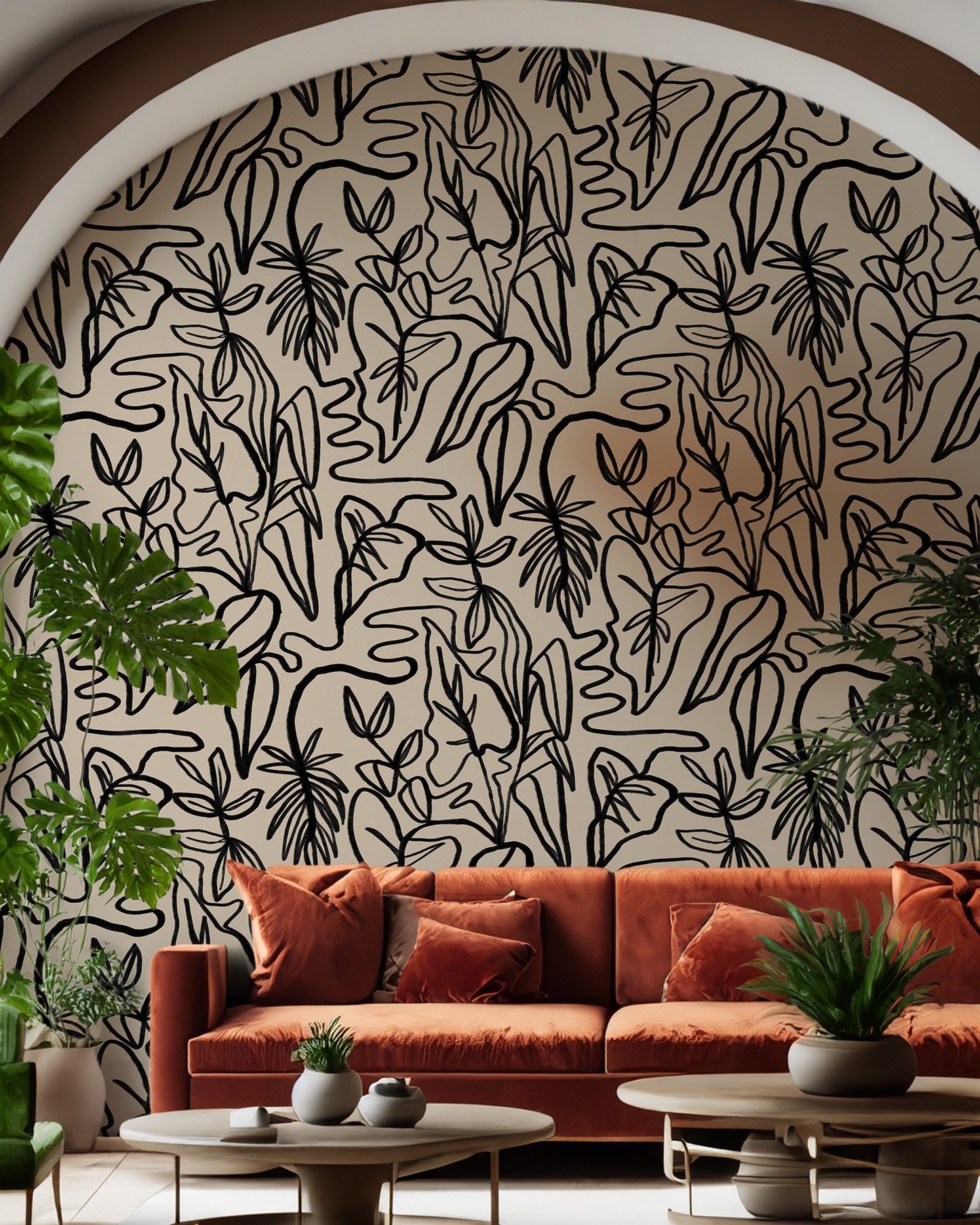 Inked Foliage Wallpaper, tan and black