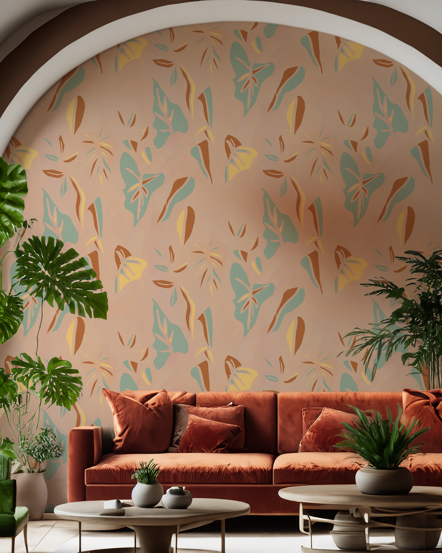 Block Print Foliage Wallpaper, peach and mint