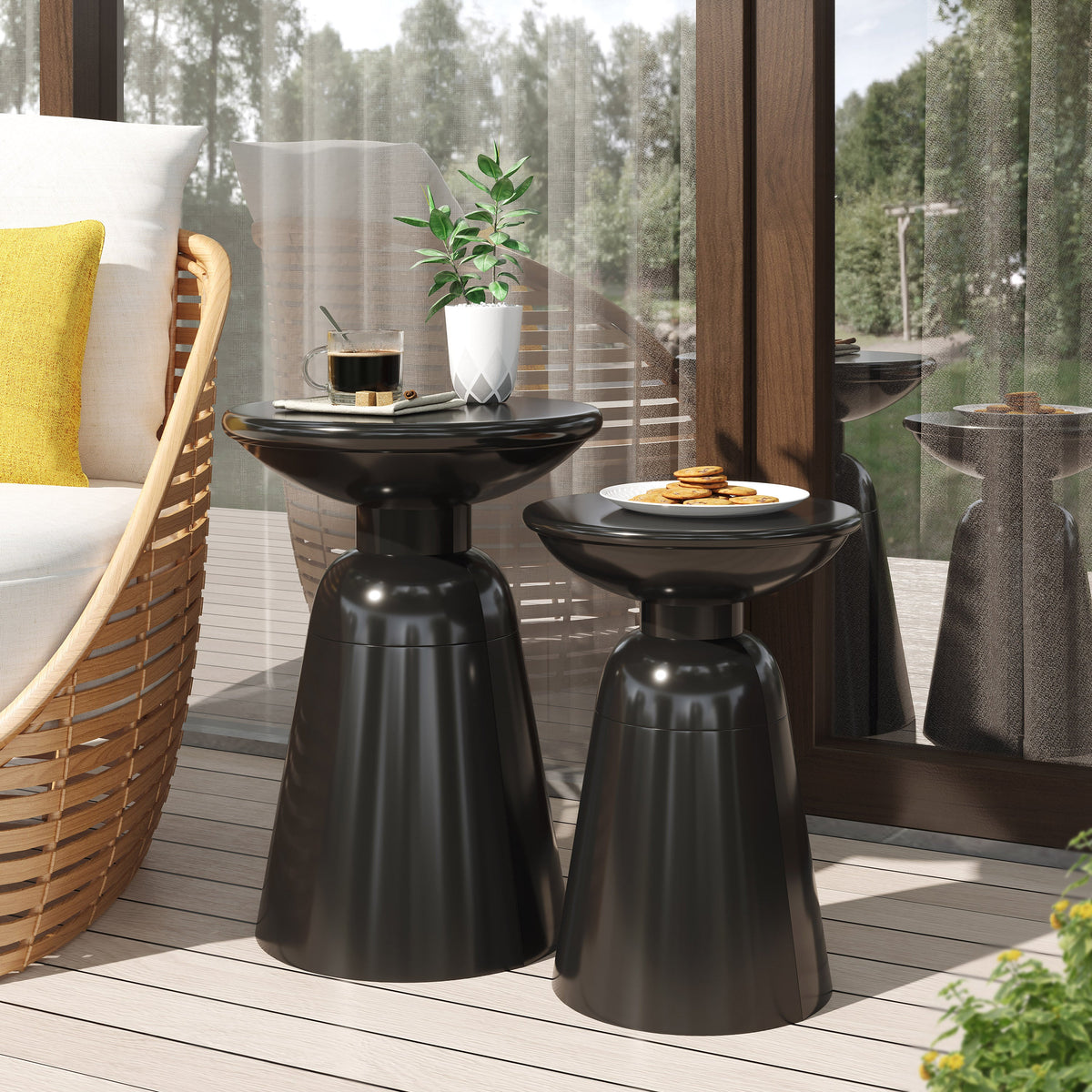 Serenita Outdoor Iron Side Tables with Flared Design, Set of 2