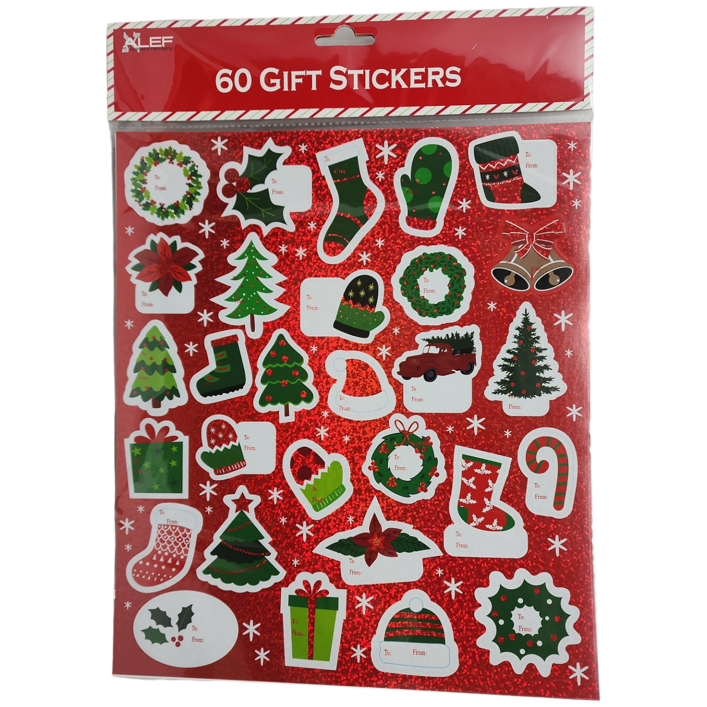 60 Count Peel and Stick Gift Tags -  Wreath / Holly / Stocking