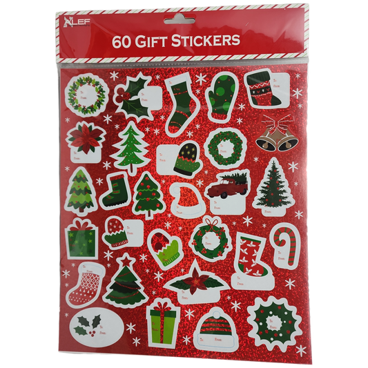 60 Count Peel and Stick Gift Tags -  Wreath / Holly / Stocking