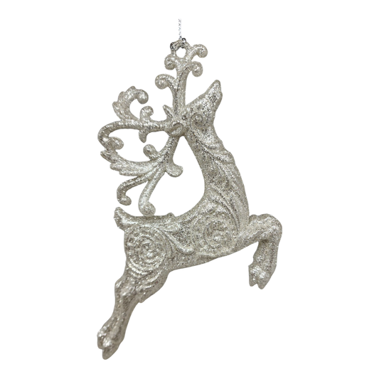 Silver Glittered Reindeer Ornament -  Leaping